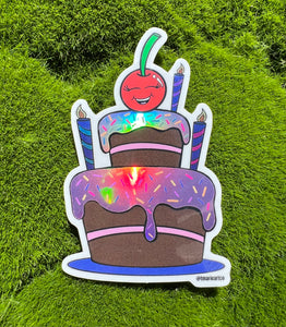 Sweet Cherrykins - Holographic Vinyl Sticker - Birthday Cake
